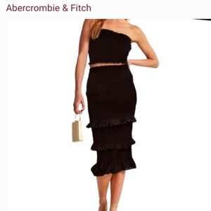 A&F Black Smocked High Waist Midi Skirt STiered Ruffle Bodycon Stretch